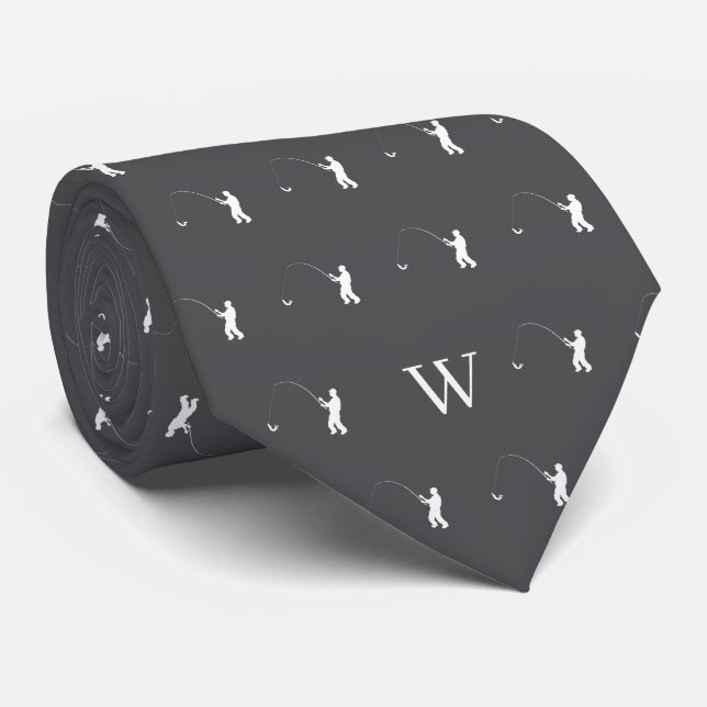 Cravate Tackle de pêcheur appât monogramme initial gris (Roulé)