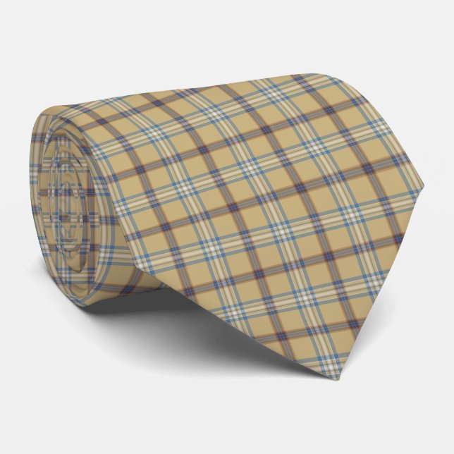 Cravate Tan and Wedgewood Blue Plaid Neck Tie (Roulé)