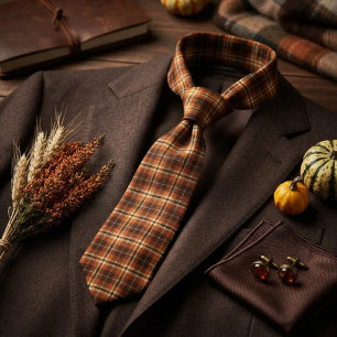 Cravate Tartan à carreaux automnaux orange et marron de la