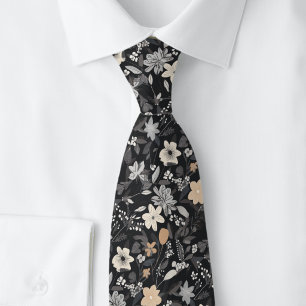 Cravate Taupe et fleurs blanches sur charbon