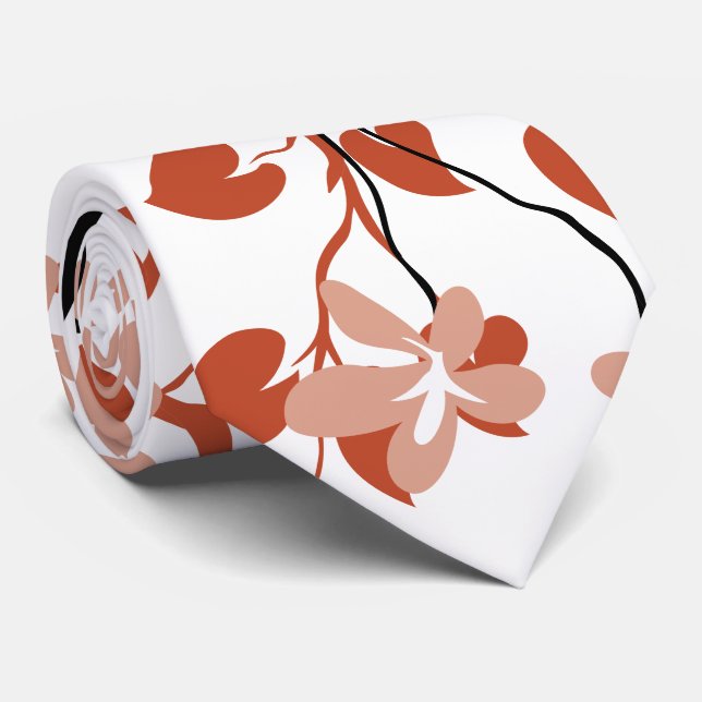 Cravate Terracotta et branche noire, fleurs de pêche foncé (Roulé)