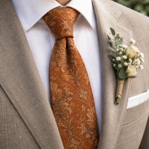 Cravate Terracotta Rouille Luxueux Baroque Damask Floral