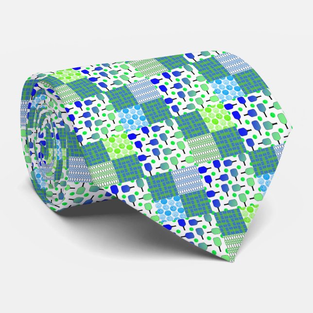 Cravate Terrains de Pickleball Bleu et Vert, Paddles & Bal (Roulé)