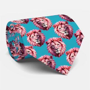 Cravate Tête de lion rose motif animal design bleu