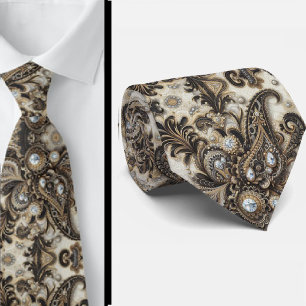 Cravate Tie à col en noir blanc or dentelle paisley diaman