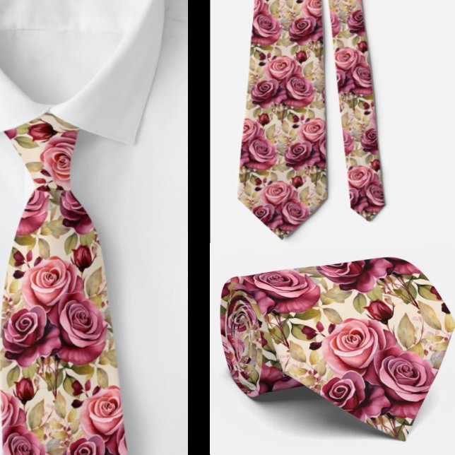 Cravate Tie à motif aquarelle Roses Rouge Mauve Pourpre Ro (Créateur téléchargé)