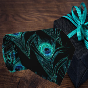 Cravate Tie à plumes de paon bleu sarcelle noir