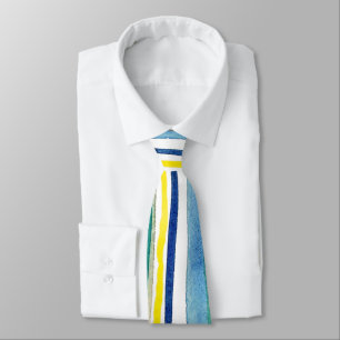 Cravate Tie à rayures peintes à l'aquarelle – Bleu et Jaun