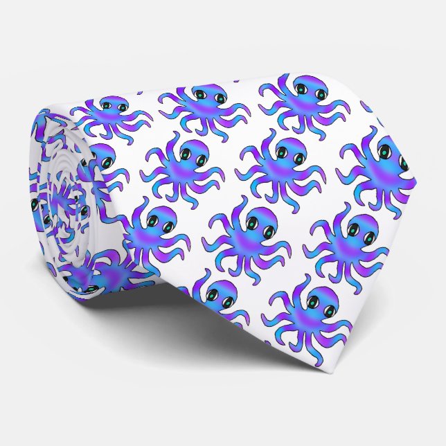 Cravate Tie (blanc) - Pieuvre Bleu Violet (Roulé)