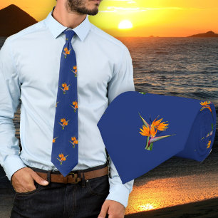 Cravate Tie bleu marine à motif fleurs d'oiseau de paradis