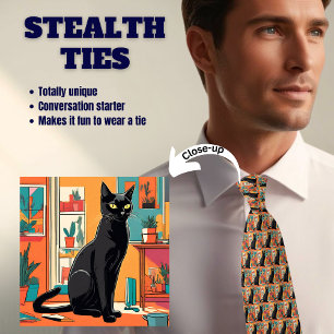 Cravate Tie chat noir sur fond orange Stealth