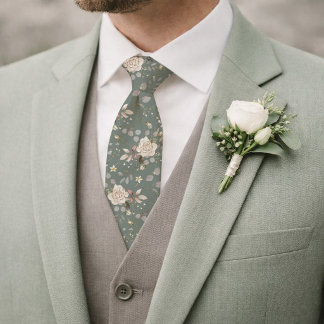 Cravate Tie de mariage floral vert sauge avec roses vintag