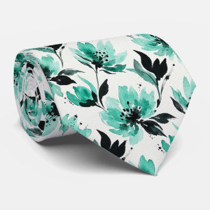 Cravate Tie en fausse soie aqua et noir   Floral aquarelle