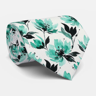 Cravate Tie en fausse soie aqua et noir | Floral aquarelle