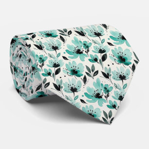 Cravate Tie en faux soie aqua et noir   Floral aquarelle