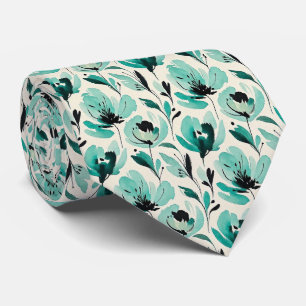 Cravate Tie en soie fausse Aqua + Noir   Fleur aquarelle