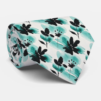 Cravate Tie en soie fausse Aqua + Noir | Floral Aquarelle