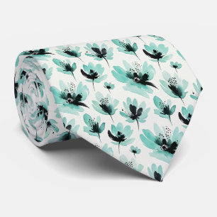 Cravate Tie en soie fausse Aqua + Noir   Floral Aquarelle