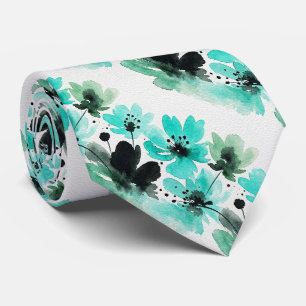 Cravate Tie en soie fausse Aqua + Noir   Floral aquarelle