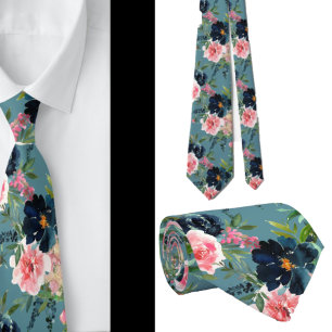 Cravate Tie floral Roses Fleurs Rose et Bleu Marine
