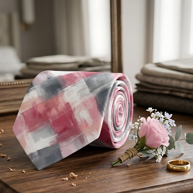 Cravate Tie homme gingham abstrait rose et gris (Créateur téléchargé)
