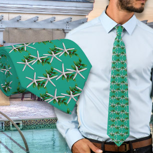 Cravate Tie motif étoile de mer turquoise de Noël
