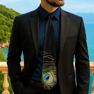 Cravate Tie noir élégant à plume de paon