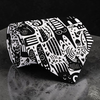 Cravate Tie personnalisé Doodles noir et blanc