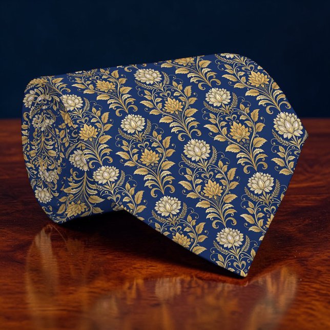 Cravate Tie personnalisé en damas bleu et or (Créateur téléchargé)