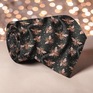 Cravate Tie personnalisé motif abeille rose sur fond noir