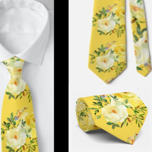 Cravate Ties à col motif floral Fleurs Roses Jaunes