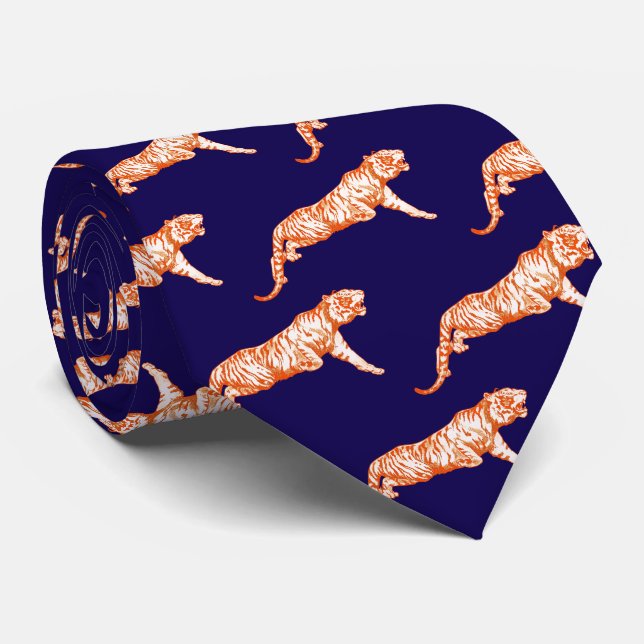 Cravate Tigre orange moderne sur bleu foncé (Roulé)