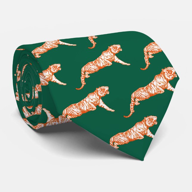 Cravate Tigre orange moderne sur Hunter Green (Roulé)