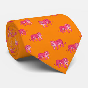 Cravate Tigre rose chaud sur Motif orange gras