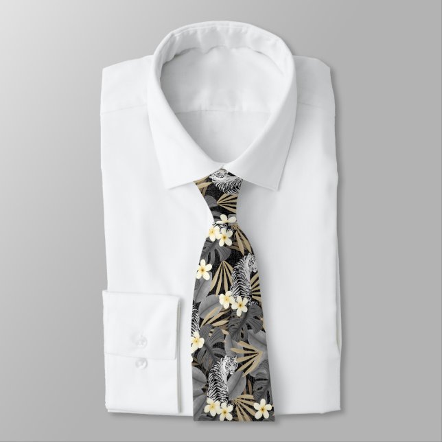 Cravate Tigre tropical Palmier hawaïen gris Jungle (Attaché)