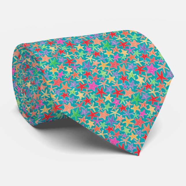 Cravate Tiny Blue Rose Green Starfish Motif nouveauté (Roulé)