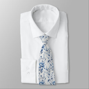 Cravate Toile Bleu Blanc Floral Mariage Groomsmen Salle