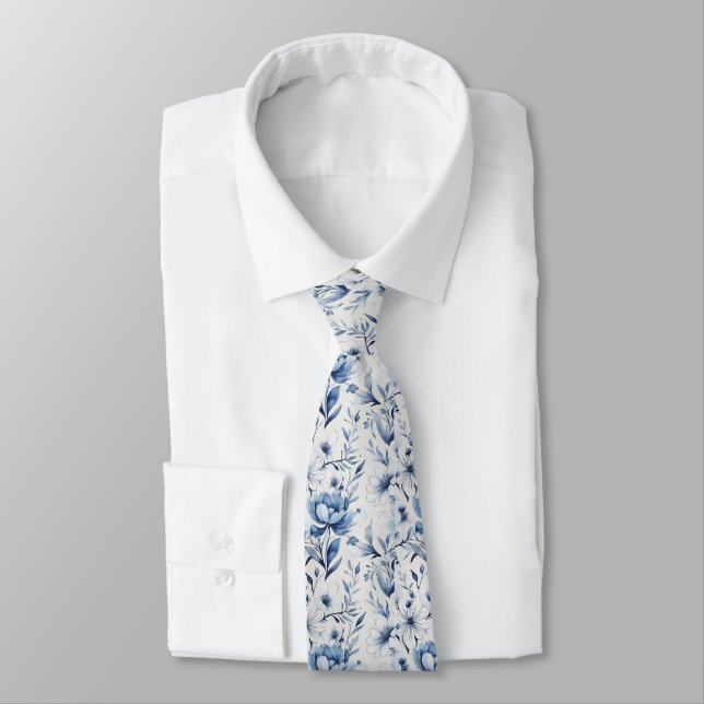 Cravate Toile Bleu Blanc Floral Mariage Groomsmen Salle (Attaché)