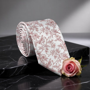 Cravate Toile de Jouy Vintage Rose Fleurie et Oiseaux