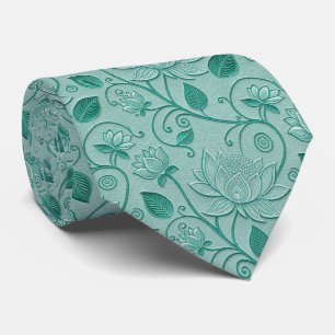 Cravate Tons de vert pastel motif lotus aspect gaufré