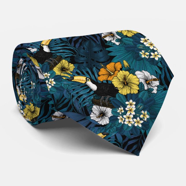 Cravate Toucans et flore tropicale, bleu, jaune, orange (Roulé)