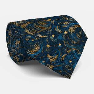 Cravate Tourbillon Abstrait Élégant Bleu Nuit et Or