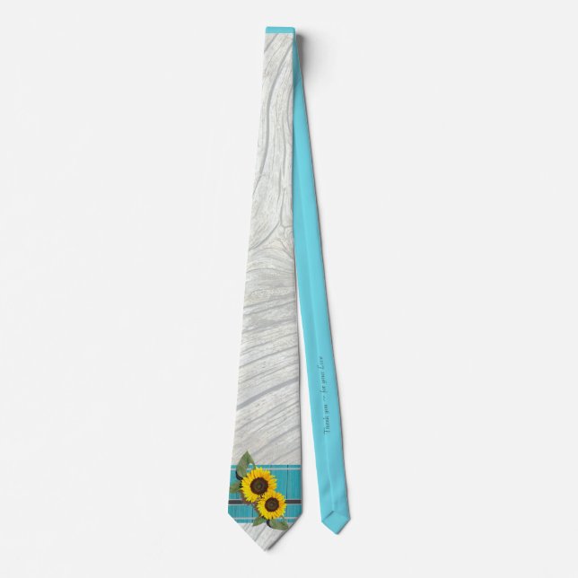 Cravate Tournesol Mariage rustique Turquoise en bois gris  (Devant)