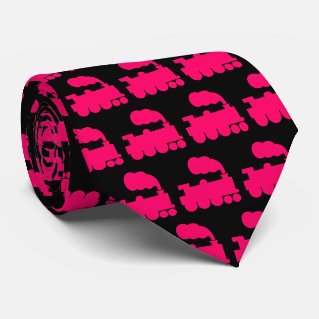 Cravate Train à vapeur Motif - Neon Red sur noir (Roulé)