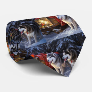 Cravate Traîneau enneigé de Malamute d'Alaska Noël