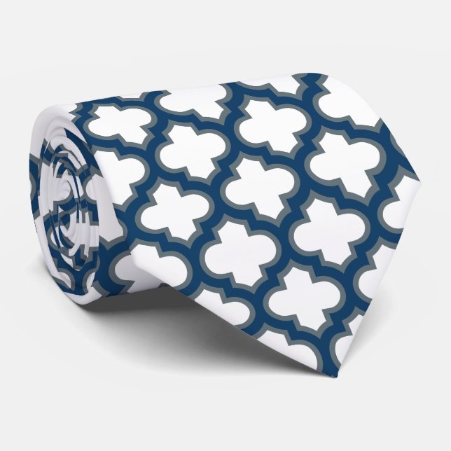 Cravate Trellis bleu blanc et marine, treillis, Quatrefoil (Roulé)