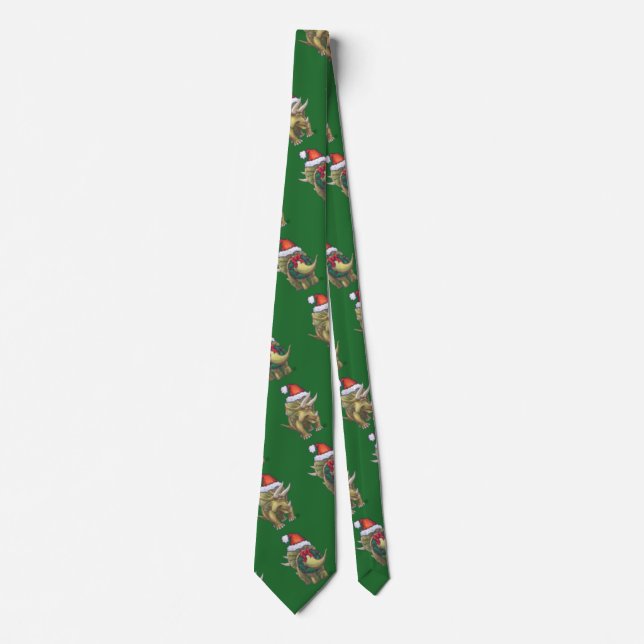 Cravate Tricératops vert Noël (Devant)