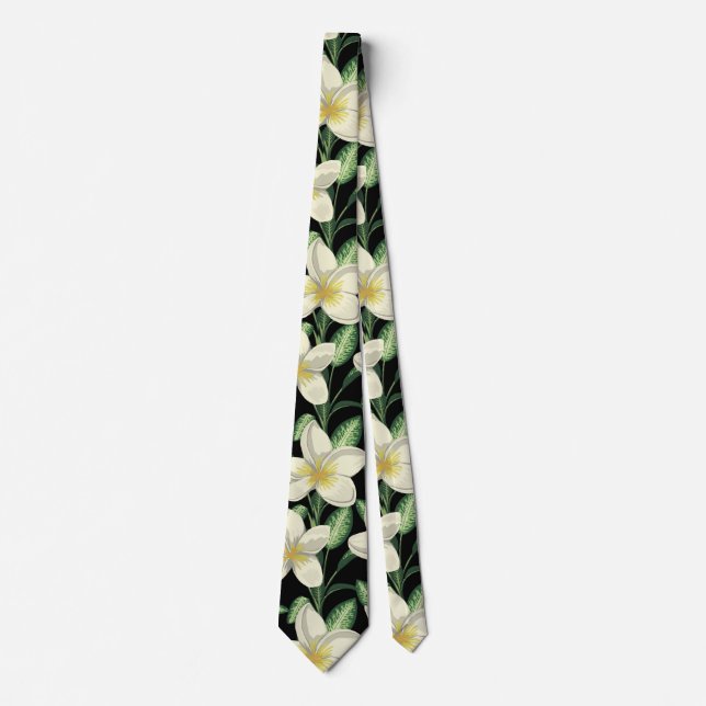 Cravate Tropical continu motif fleurs blanches feuille ver (Devant)