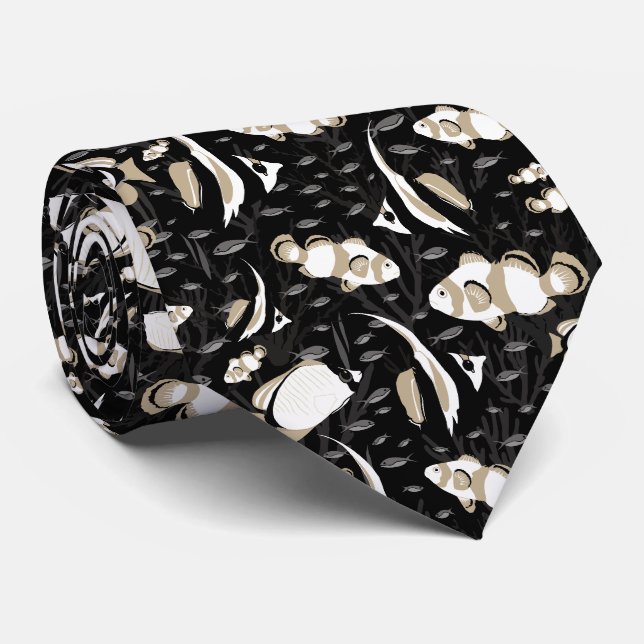 Cravate Tropical Motif de poisson-ange noir et gris (Roulé)