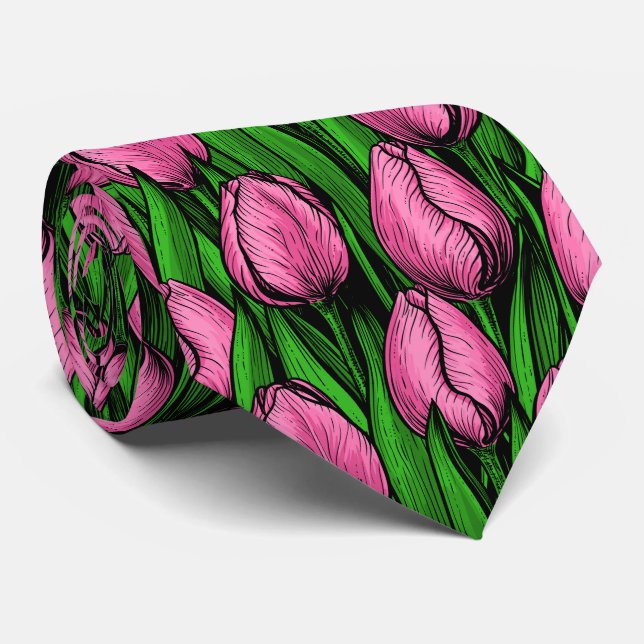 Cravate Tulières roses avec feuilles verts (Roulé)